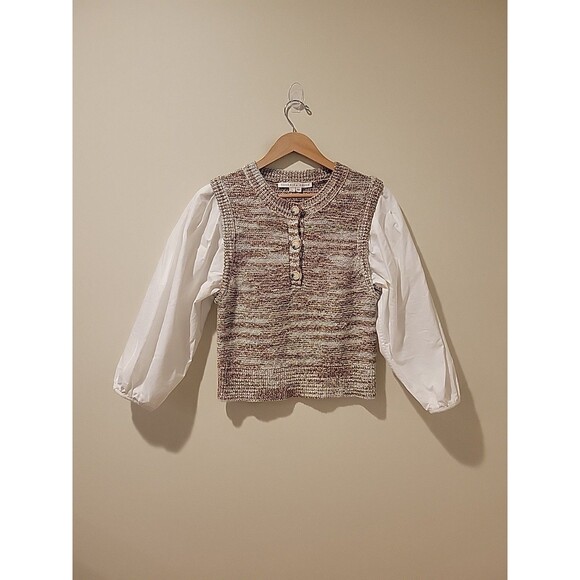 Veronica Beard Tahlea Mixed-Media Sweater in Army Multi Puff Sleeve Top Size M - Picture 3 of 10